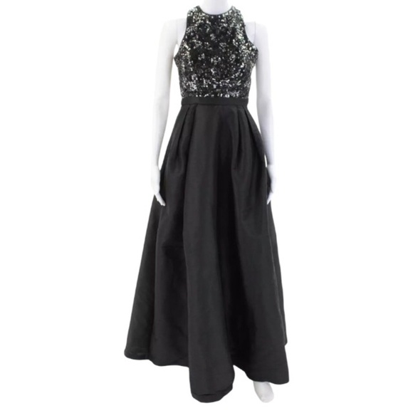 Monique Lhullier Jadore Formal Maxi Dress 0 Black Silver Sequin Open Back Gown - Picture 2 of 13